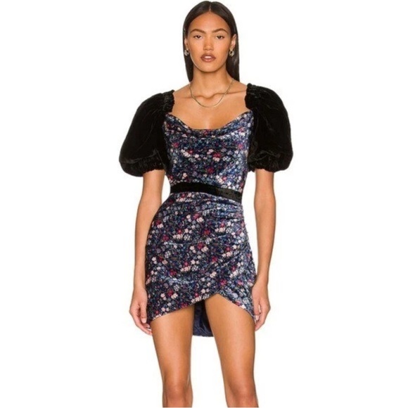 Tularosa Size S Puff Sleeve Velvet Maelie Mini Dress in Carmella Floral NEW! - Picture 1 of 8